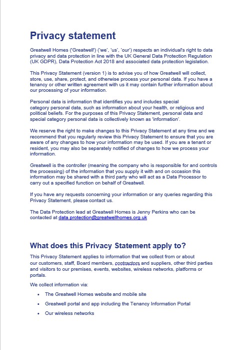Picture of the front page of our Privacy Notice, containing text.