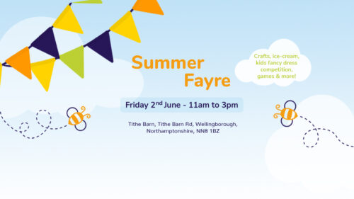 Summer Fayre. Friday 2nd June 2023 between 11am and 3pm. Crafts, ice cream, fancy dress and more. Tithe Barn, Tithe Barn Road, Wellingborough, Northamptonshire, NN8 1BZ