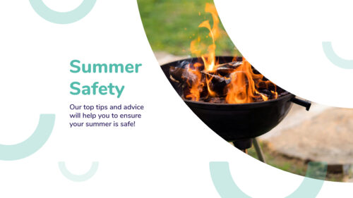 Banner featuring an image of a small round barbecue alight, in a garden. There is text on the left of the image which reads 'Summer Safety. Our top tips and advice will help you to ensure your summer is safe!' Around the text and image of the barbecue, there are light green smile shapes for decoration. These smiles are often used to represent Greatwell Homes' Live Safe strategy.